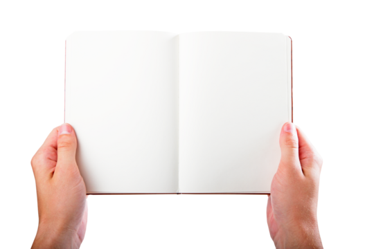 Open notepad in hands with empty pages against a white background, space for text