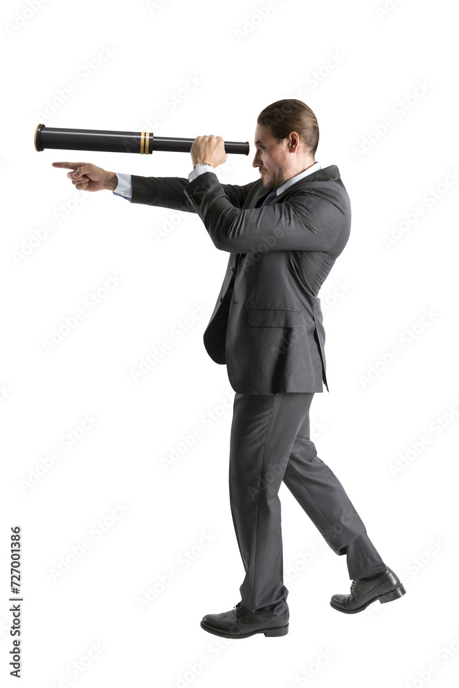 Poster businessman using a spyglass to symbolize vision and direction in business on white background