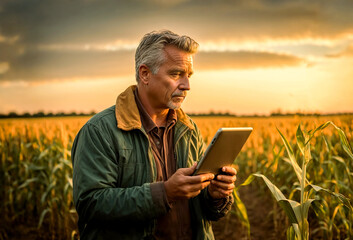 Naklejka na ściany i meble Farmer holding a tablet works in a corn field. The time is near sunset.