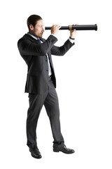 Determined executive peering through a telescope, concept of ambition and foresight