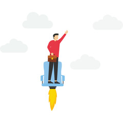 Accelerate your career growth, businessman sitting in office chair with jetpack or boosters.

