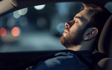 A man sleeping in driving seat a tired driver sleeping in car with empty space, Generative AI.