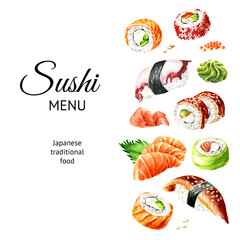Japanese Sushi menu concept. Hand drawn watercolor illustration isolated on white background