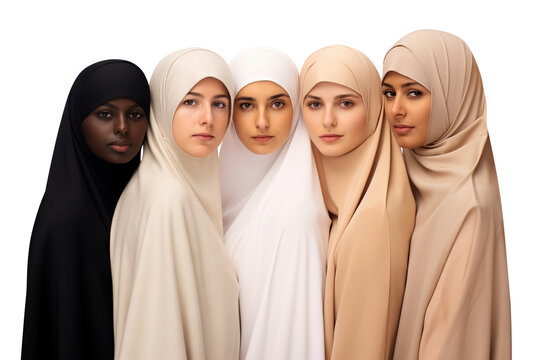 Group of women wearing different colored hijabs, symbolizing unity among various cultures and ethnicities, cut out