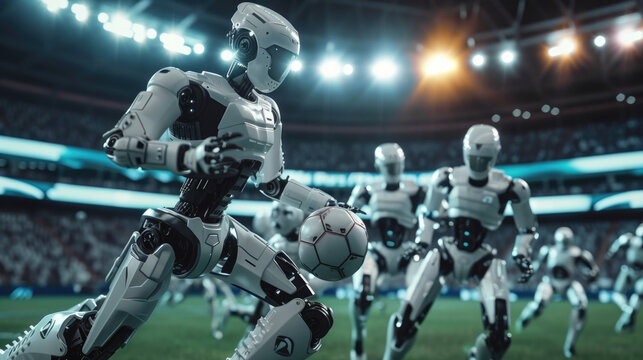 A team of advanced robots engaged in a dynamic soccer game within a bustling stadium, showcasing the intersection of sports and robotics.
