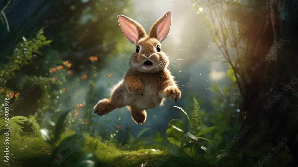 Wall mural a cute little fluffy rabbit is jumping in a green meadow. spring flower meadow. easter holiday. - Wall murals