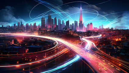 Futuristic abstract blurred moving street lights city at night, Abstract neon glowing wave with...