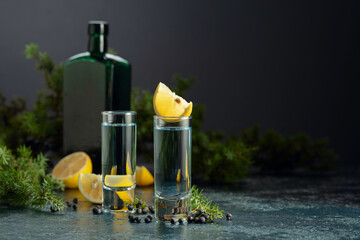 Gin with juniper berries, lemon slices, and vintage bottle.