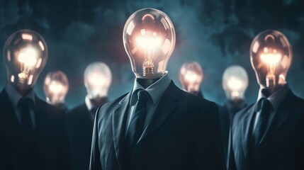 A photo of guys with the head of a heating lightbulb, signifying the spirit of innovation with space, Generative AI. - obrazy, fototapety, plakaty