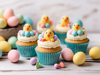 Easter sweets. Colorful easter cupcakes on wooden background