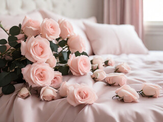 pink roses spills onto a romantic luxuriously inviting bed valentines day