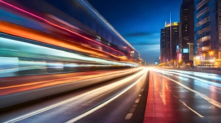 High speed urban traffic on a city highway during evening rush hour, car headlights and busy night transport captured by motion blur lighting effect and abstract long exposure photography