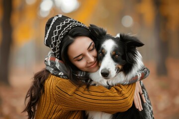 Attractive female dog with autumn hair in the park and having fun together