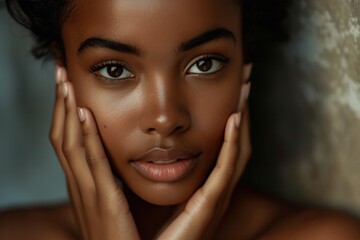 Fototapeta na wymiar Beauty portrait of African American girl, fresh clean face, facial skin care Beautiful black woman touching her face Facial care, beauty, skin care and spa