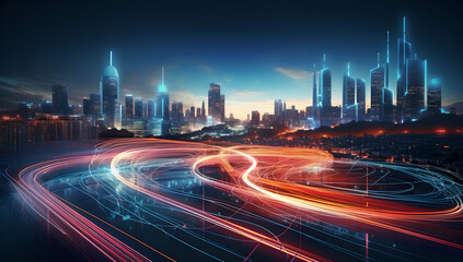 Futuristic abstract blurred moving street lights city at night, Abstract neon glowing wave with...