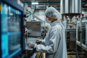 Obraz premium Food and beverage factory workers work with sanitation supervisors.