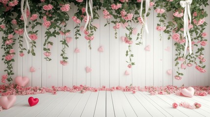 Festive valentine's day photo studio background paneled wall: many red heart-shaped balloons, flowers hanging from the ceiling, pastel light color palette, wooden details