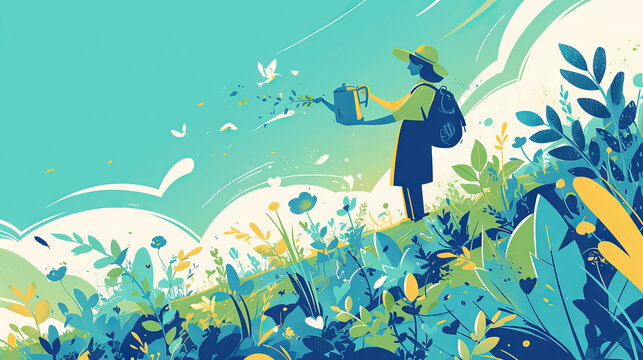 Cute little girl watering the plant with watering can in the garden with copy space for arbor day, environment world earth day background - AI Generated Abstract Art