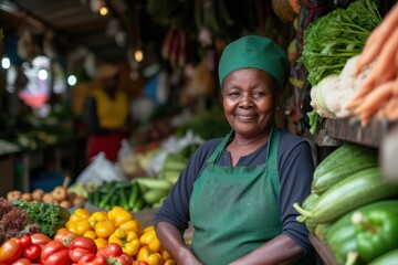 African woman vendor stands at her fruit and vegetable stall in the fresh market.