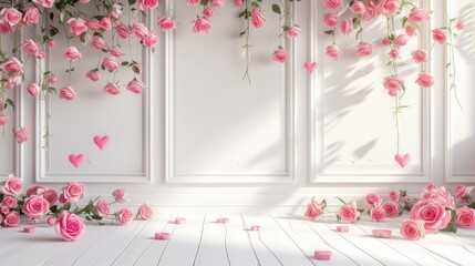 Festive valentine's day photo studio background paneled wall: many red heart-shaped balloons, flowers hanging from the ceiling, pastel light color palette, wooden details
