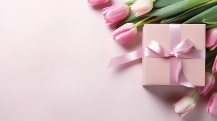 Gift box & tulip flower top view copy space pink background greeting card.