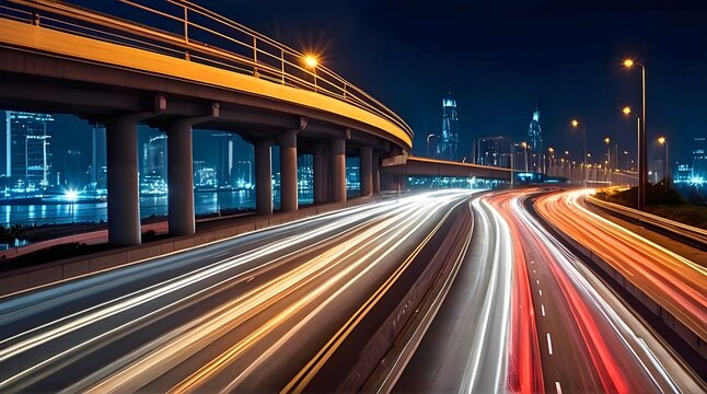 High speed urban traffic on a city highway during evening rush hour, car headlights and busy night transport captured by motion blur lighting effect and abstract long exposure photography