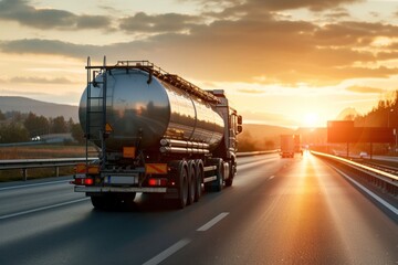 oil truck driving oil Fuel transportation and logistics concept in the evening