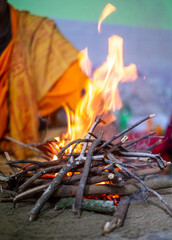 Fire in the dry woods in a hindu religious ritual 