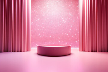 Pink podium 3d illustration background , mock up display with sparkle and glitter for beauty products or holiday event.	