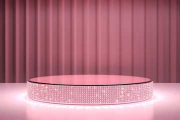 Pink podium 3d illustration background , mock up display with sparkle and glitter for beauty products or holiday event.	