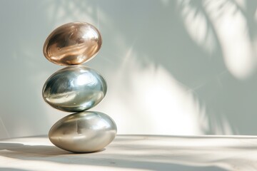a stack of balancing metallic easter eggs, modern, minimalist, neutral colors