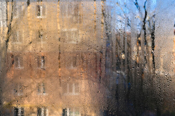 textured background of fogged window glass
