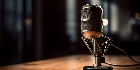 Fototapeta na wymiar photo of a podcast microphone on a table