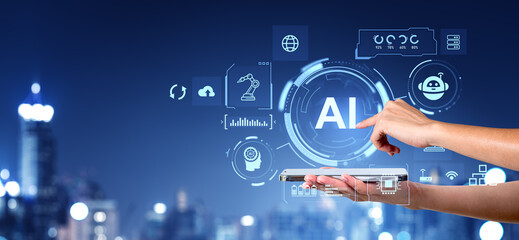 Woman using phone, AI hologram with robot controls and machine learning