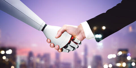 Man and robot shaking hands in evening city