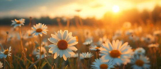 An image of a daisy field lovely image of the natural world including a daisy in bloom at dusk, Generative AI. - obrazy, fototapety, plakaty