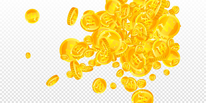 Korean won coins falling. Scattered gold WON