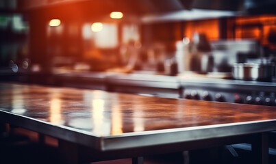 Fototapeta na wymiar Empty metal table, professional restaurant kitchen background, copy space