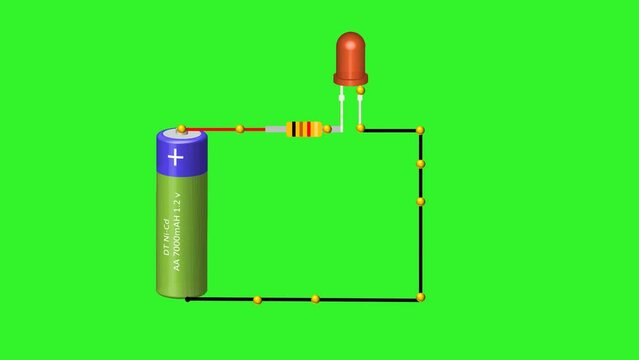 animation of a simple LED circuit in series with a resistor, working of LED concept , green screen 