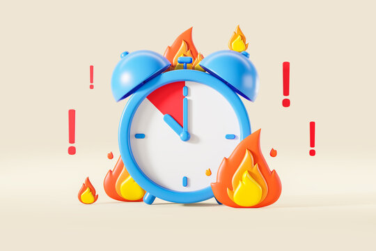 Alarm clock with exclamation marks and flames on beige background