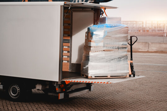 Spare Parts Stores Provision Supply Requisition Delivery Logistics. Cargo Truck And Wooden Euro Pellet Loaded With Stores And Ready For Delivery On Ship