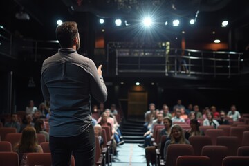 Fototapeta na wymiar a male motivational speaker or a stand-up comedian presenting his speech in front of an audience in a microphone in a dark club or concert hall venue with red seats and selective lighting