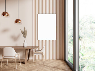 Modern living room interior with table and chairs, window. Mockup frame