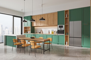 Stylish home kitchen interior with eating and cooking space, panoramic window