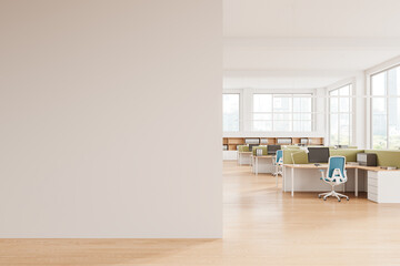 Modern office interior with table and shelf, workspace near window. Mock up wall