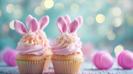cute Easter cupcakes with bunny ears, pastel bokeh in background