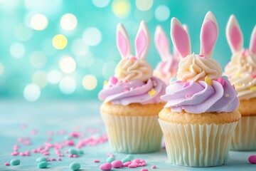 cute Easter cupcakes with bunny ears, pastel bokeh in background