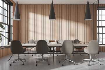 Wooden office room interior with meeting board and drawer near window