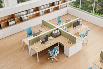 Top view of coworking interior with work zone and panoramic window