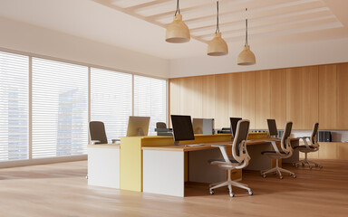 Modern office interior with desk and armchairs, workspace near panoramic window
